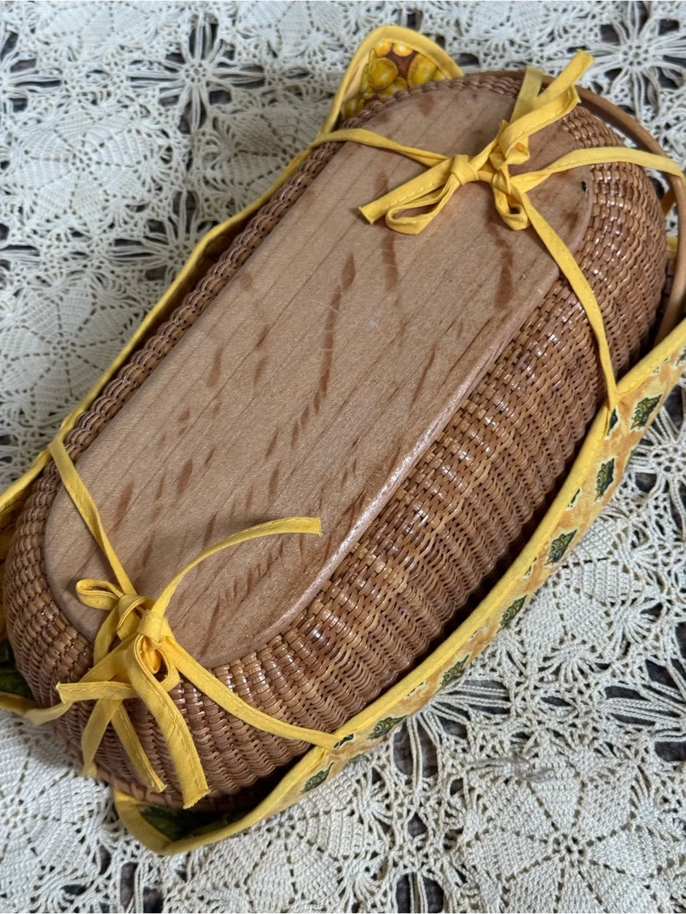 Vintage Woven Basket with Quilted Fabric Liner & Wood Handle Cottage Decor